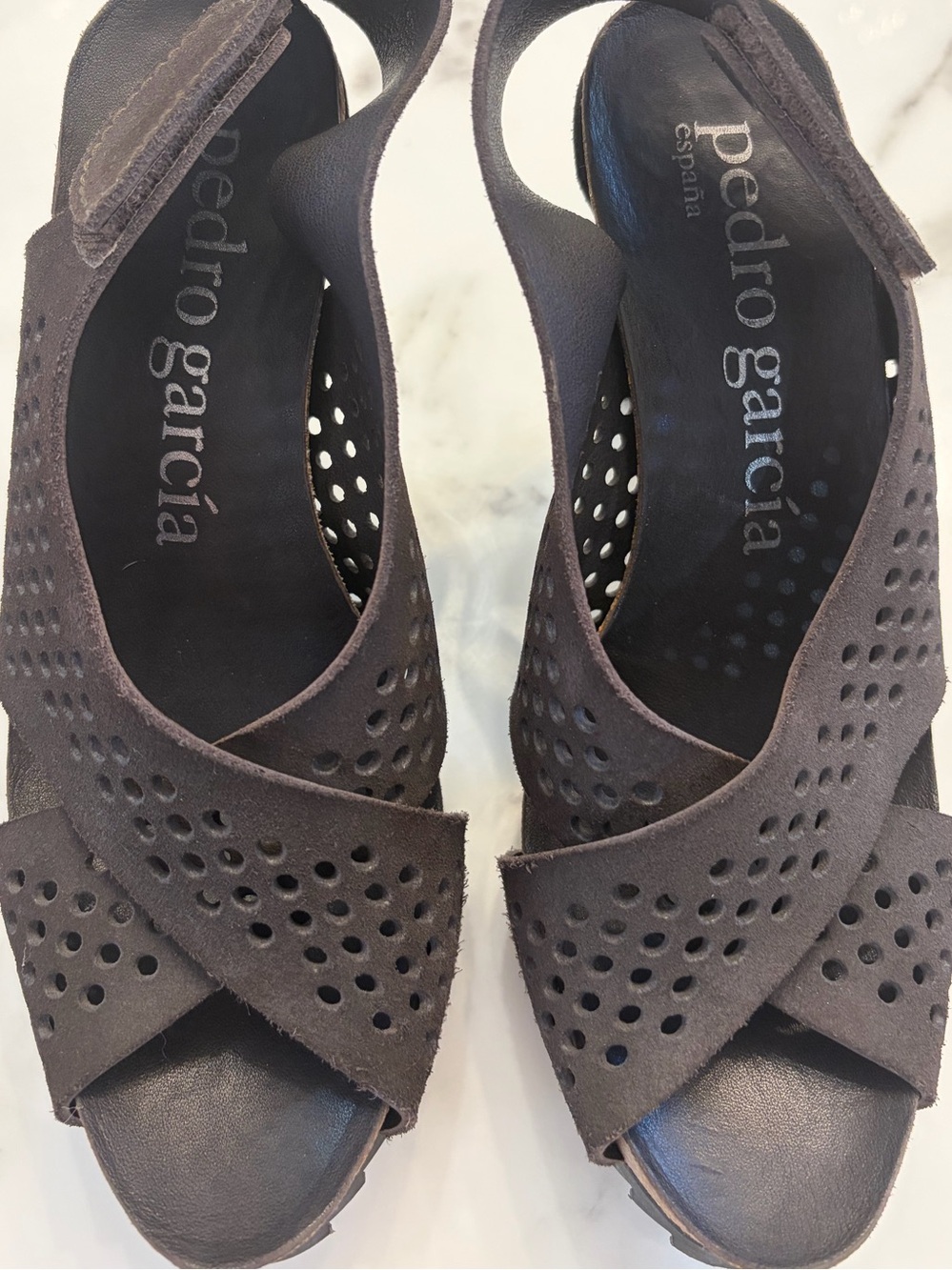 Pedro Garcia Tan Perforated Suede Open-Toe Slingback Heels - Picture 10 of 12